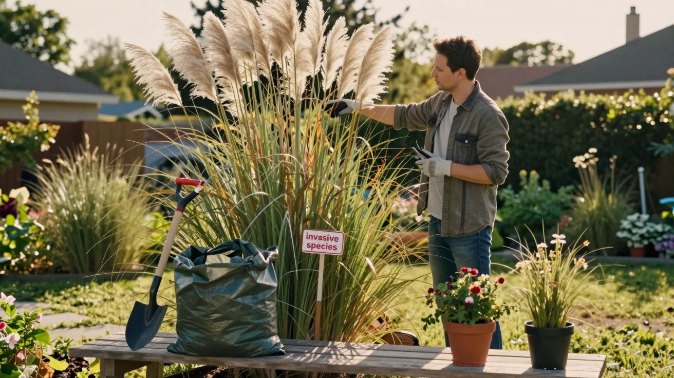Man removing invasive plant species in garden with gardening tools and potted flowers nearby.