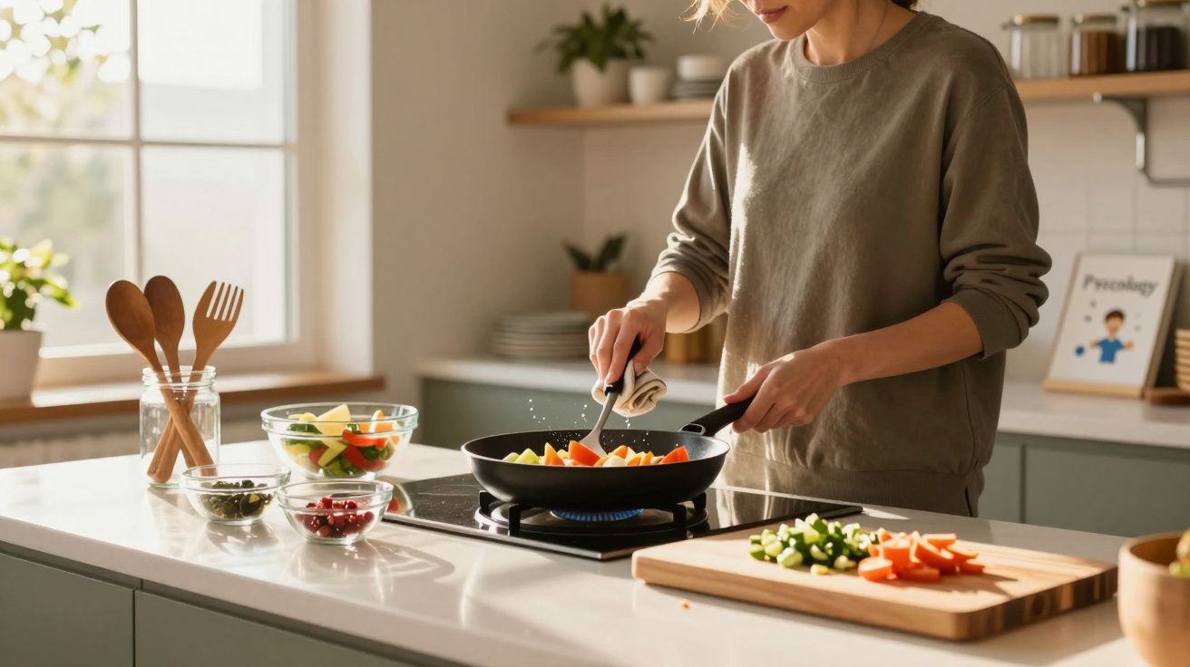 Person cooking chopped vegetables in a frying pan on a kitchen stove with fresh ingredients on the counter