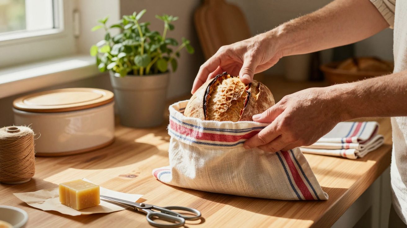 Person placing a crusty loaf of bread into a striped cloth bag on a wooden kitchen table near a window.