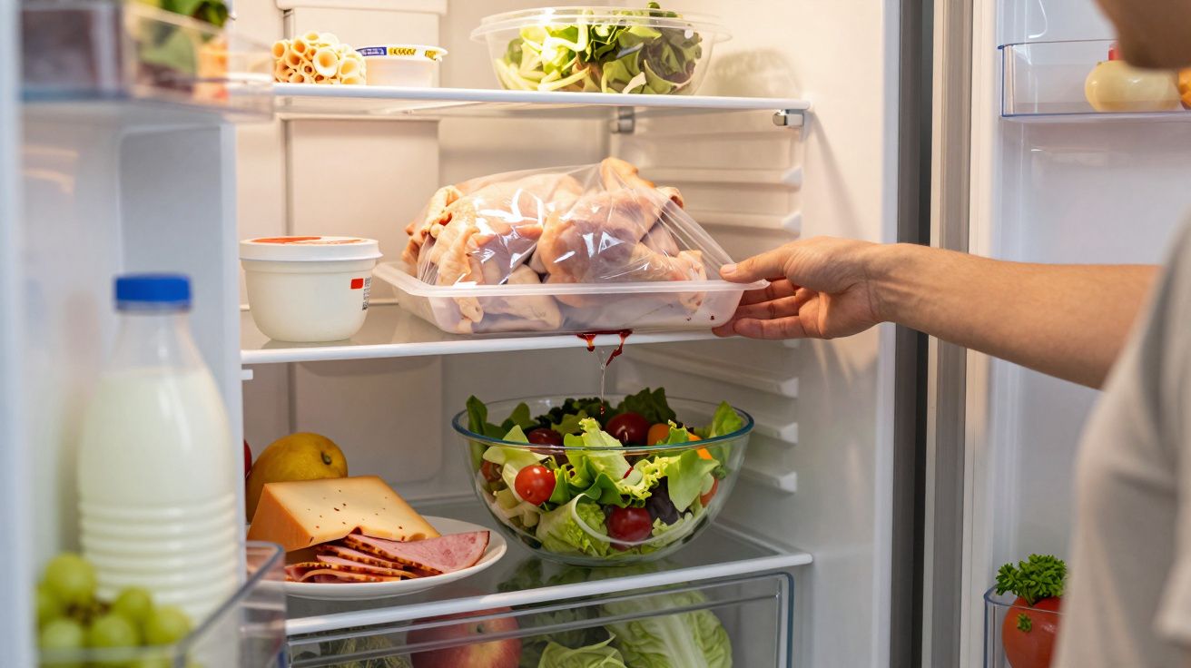 Person placing a tray with raw chicken in a plastic bag inside a fridge containing salad, cheese, and milk.