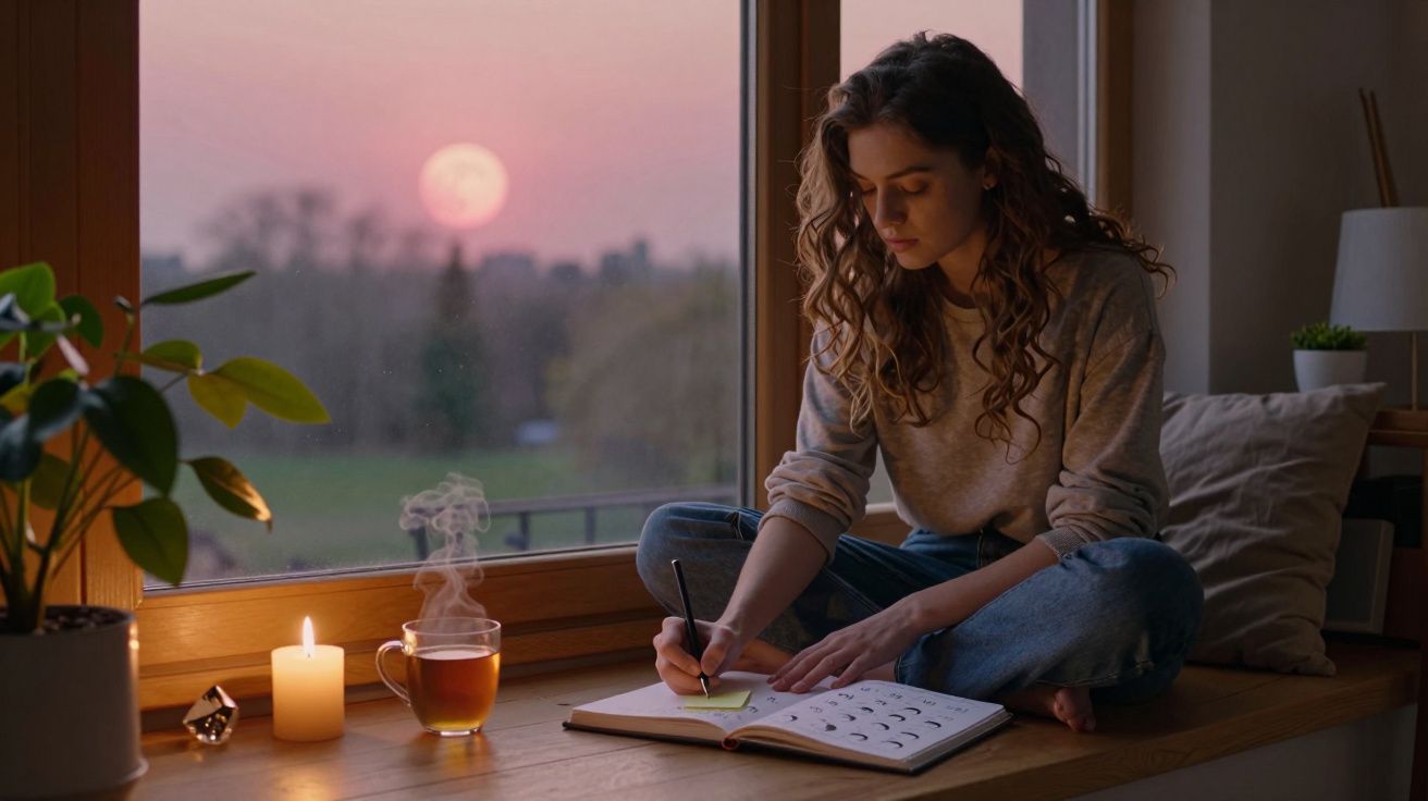 Young woman sitting on window sill writing in journal at sunset with candle and steaming tea nearby.