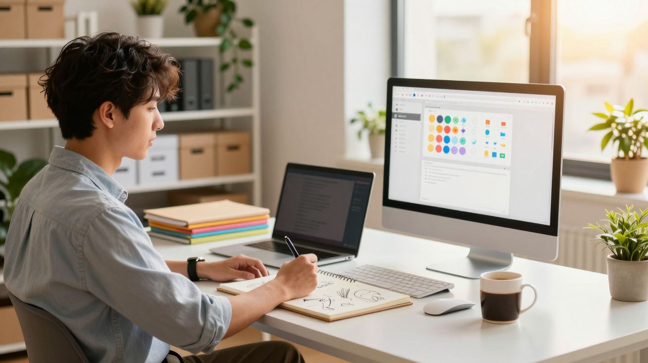 Young man sketching designs at a desk with a laptop and desktop computer in a bright home office.