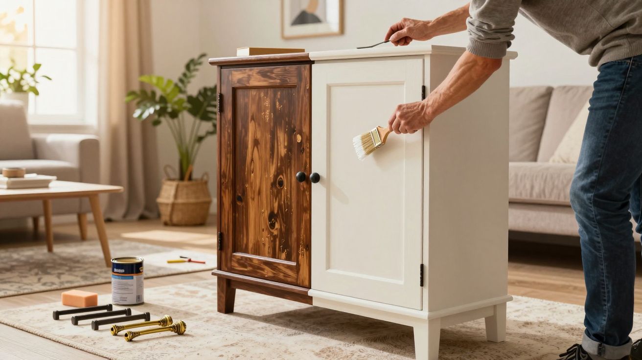 Person painting a wooden cabinet door white in a cosy, sunlit living room.