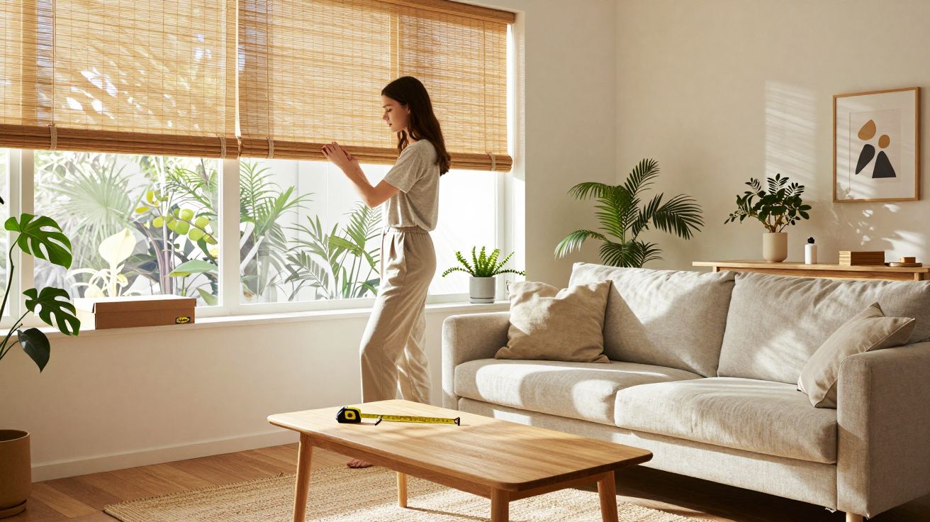 Woman adjusting bamboo blinds in a sunlit living room with a beige sofa, wooden table, and indoor plants.