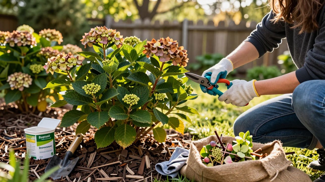 Person pruning hydrangea flowers in a garden with gardening tools and a burlap sack nearby.