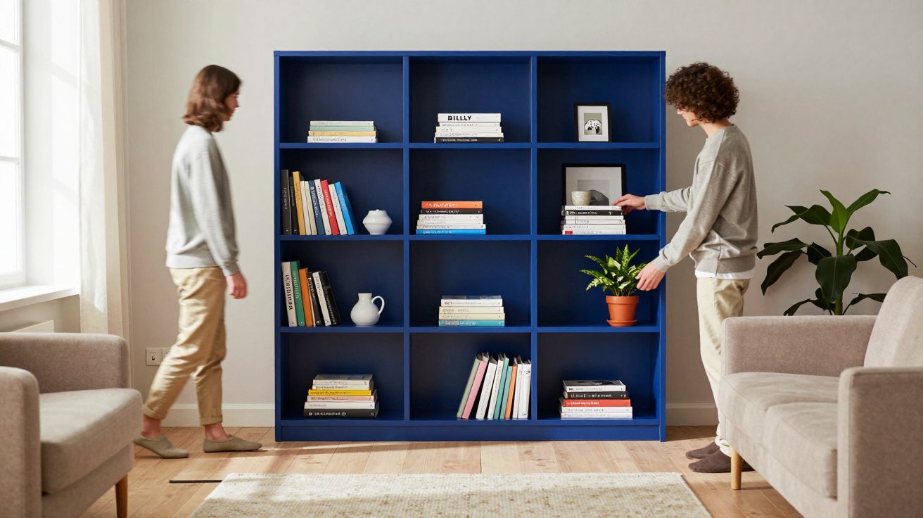 Two people arranging books and a plant on a large blue shelving unit in a bright living room.