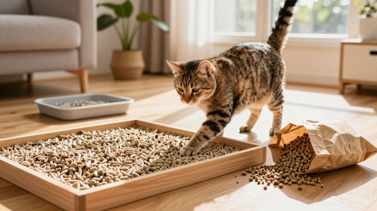 Tabby cat pawing at wooden tray filled with pellets next to spilled bag of dry cat food in sunny living room