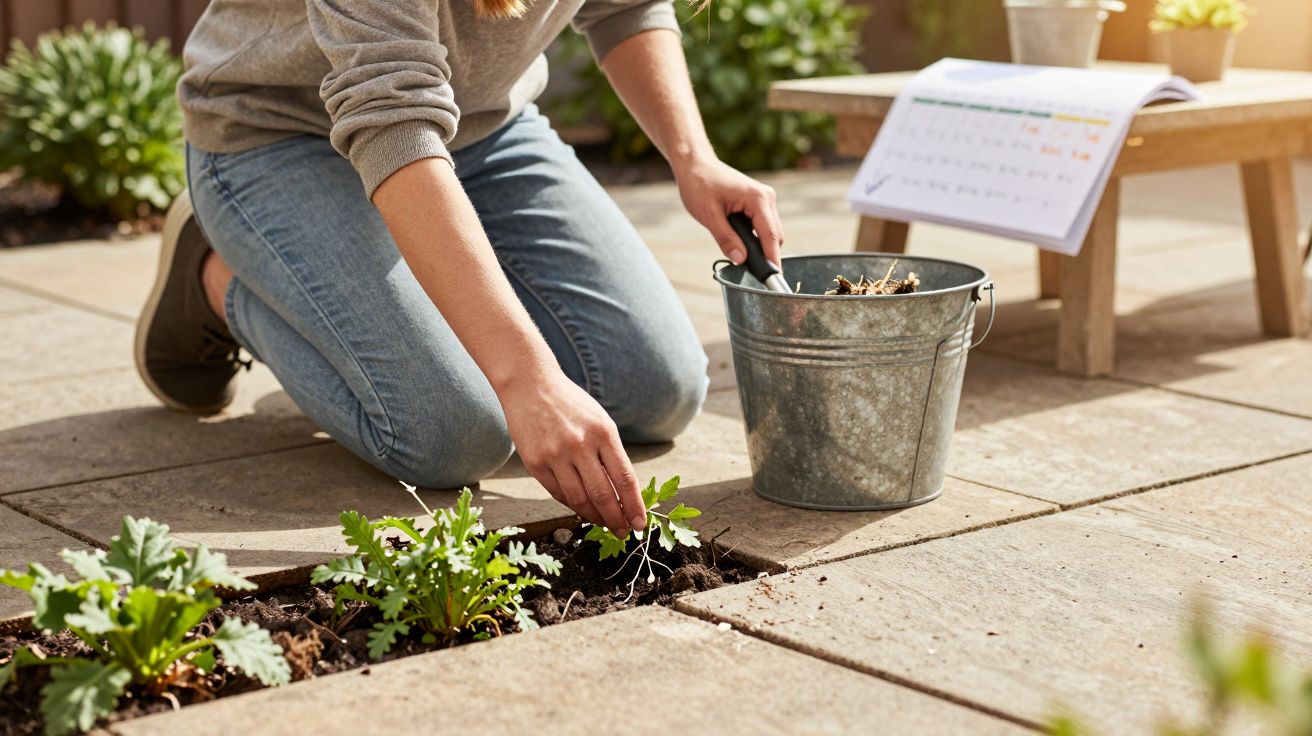 Person kneeling on stone patio planting small green plants in soil with metal bucket and gardening calendar nearby
