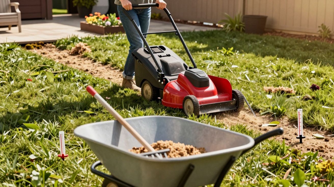 Person mowing patchy lawn with red electric mower near wheelbarrow filled with soil and gardening tools.