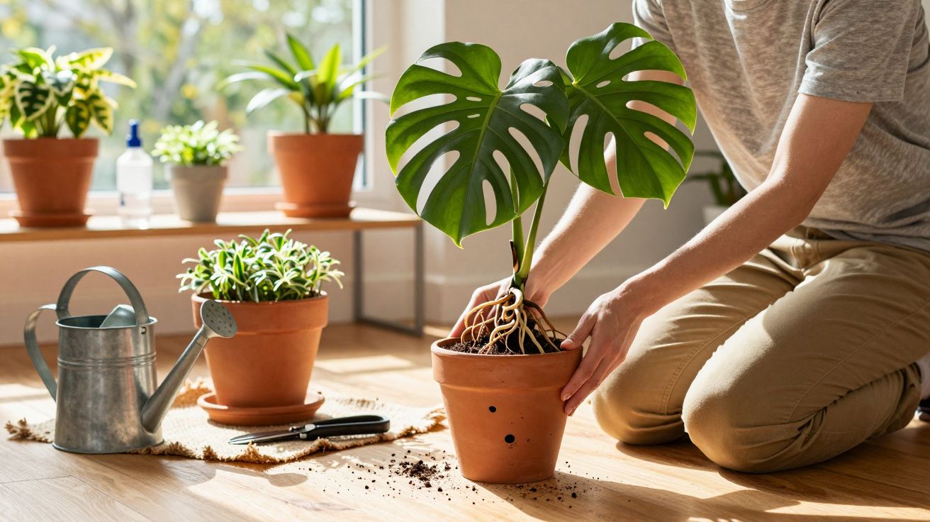 Person repotting a green monstera plant indoors next to other potted plants and gardening tools on wood floor.