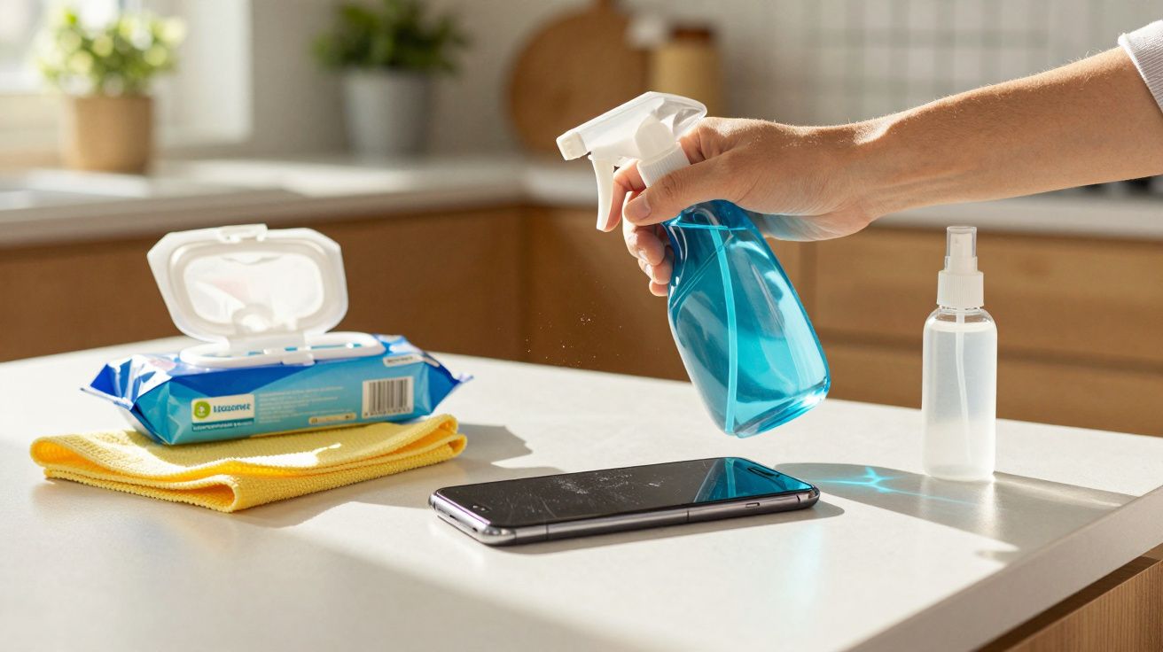 Hand spraying blue liquid cleaner onto a smartphone on a kitchen countertop with cleaning wipes nearby.