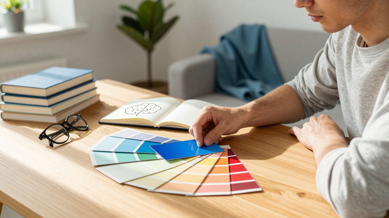 Person selecting a blue colour swatch from a fan of various paint samples on a wooden desk with books and glasses nearby.
