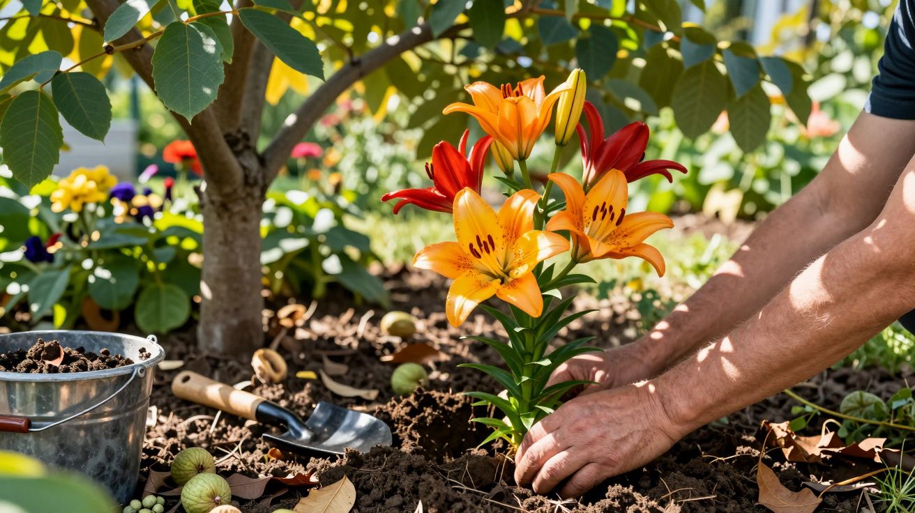 Hands planting vibrant orange and red lilies in a garden bed under a tree on a sunny day.