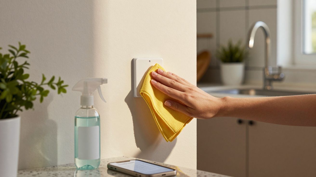Hand wiping light switch with yellow cloth in a kitchen, spray bottle and phone on countertop nearby.