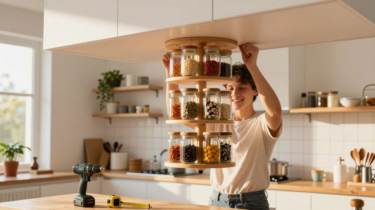 Person installing a rotating kitchen storage rack with jars of food in a modern kitchen.
