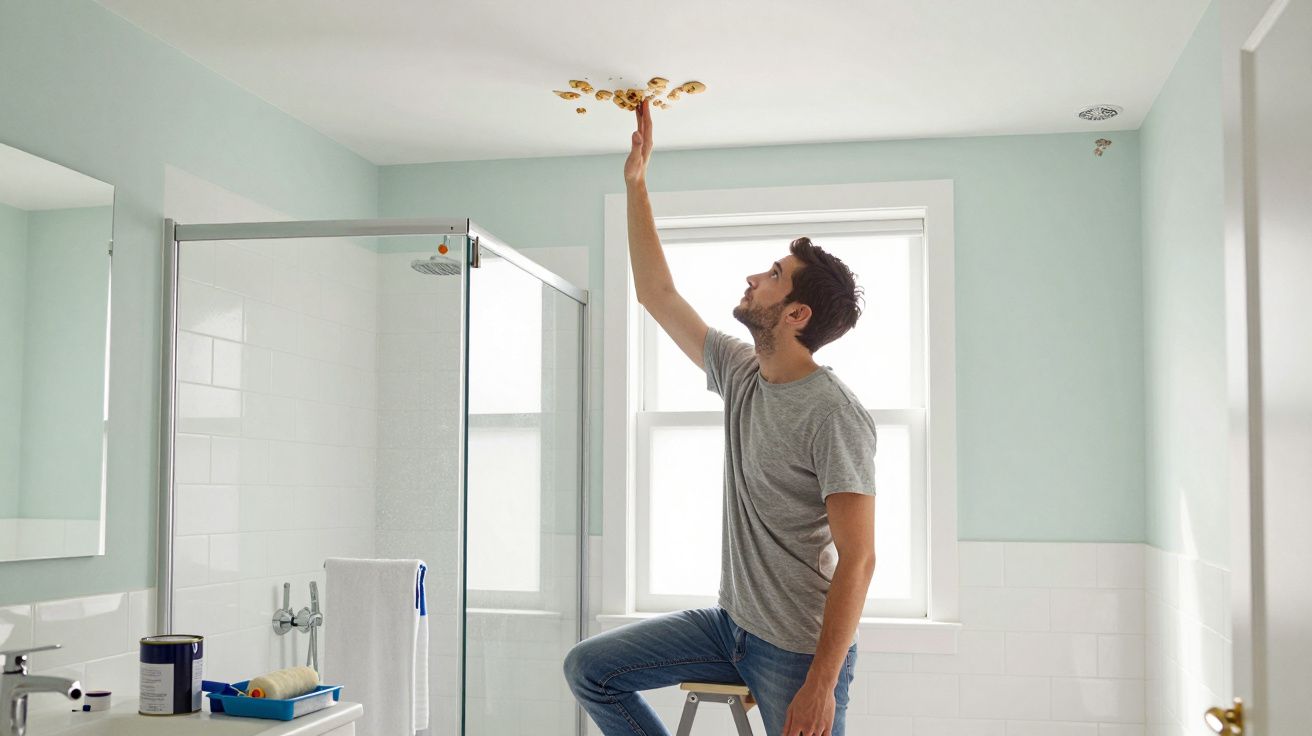 Man on a step ladder painting a light blue bathroom ceiling near a window and glass shower enclosure