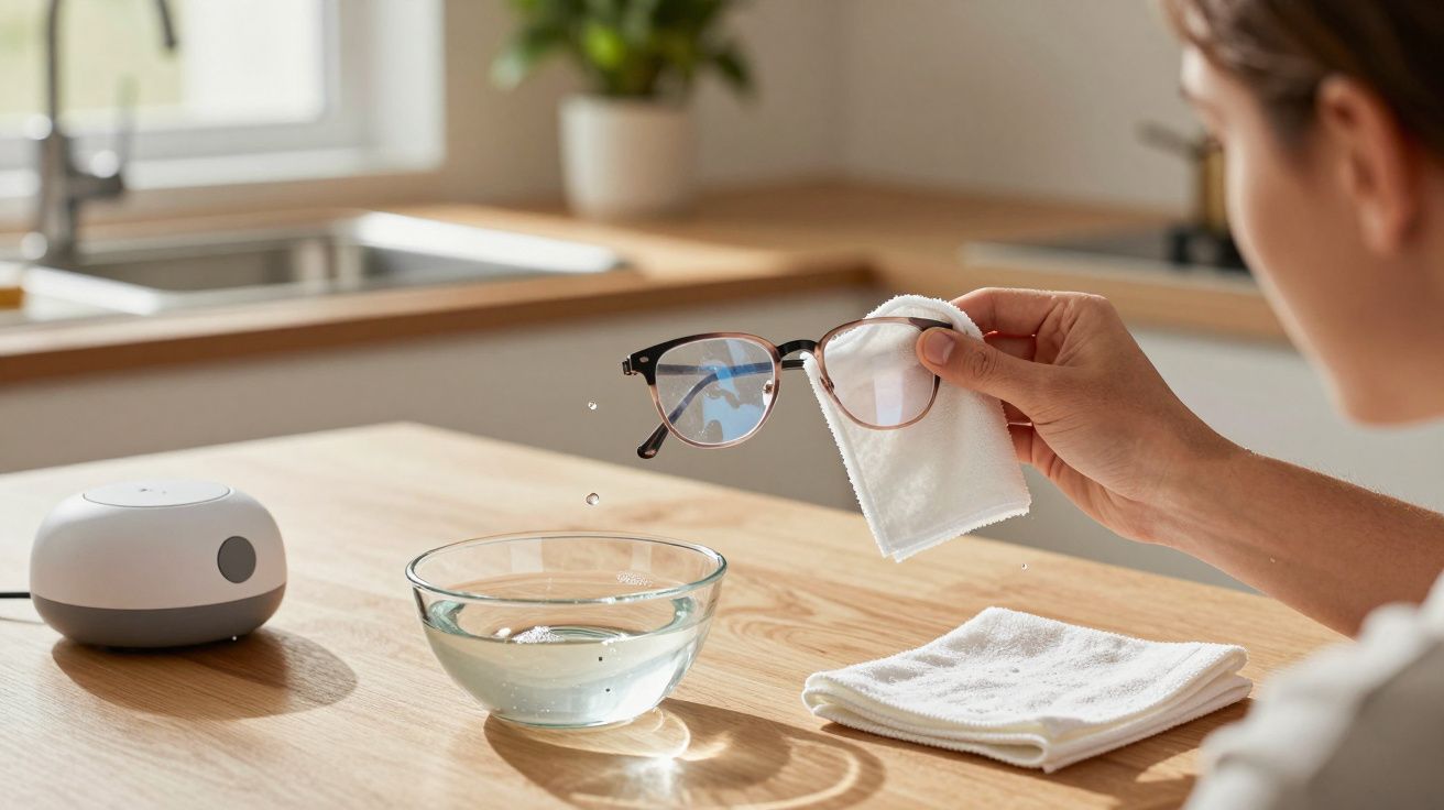 Person cleaning eyeglasses with a white cloth over a bowl of water on a wooden table in a bright room.