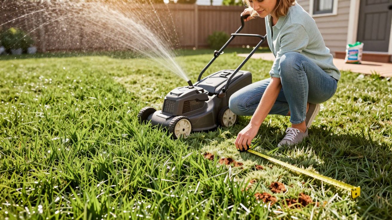 Woman measuring patches of dead grass on lawn next to lawnmower and garden sprinkler in backyard.
