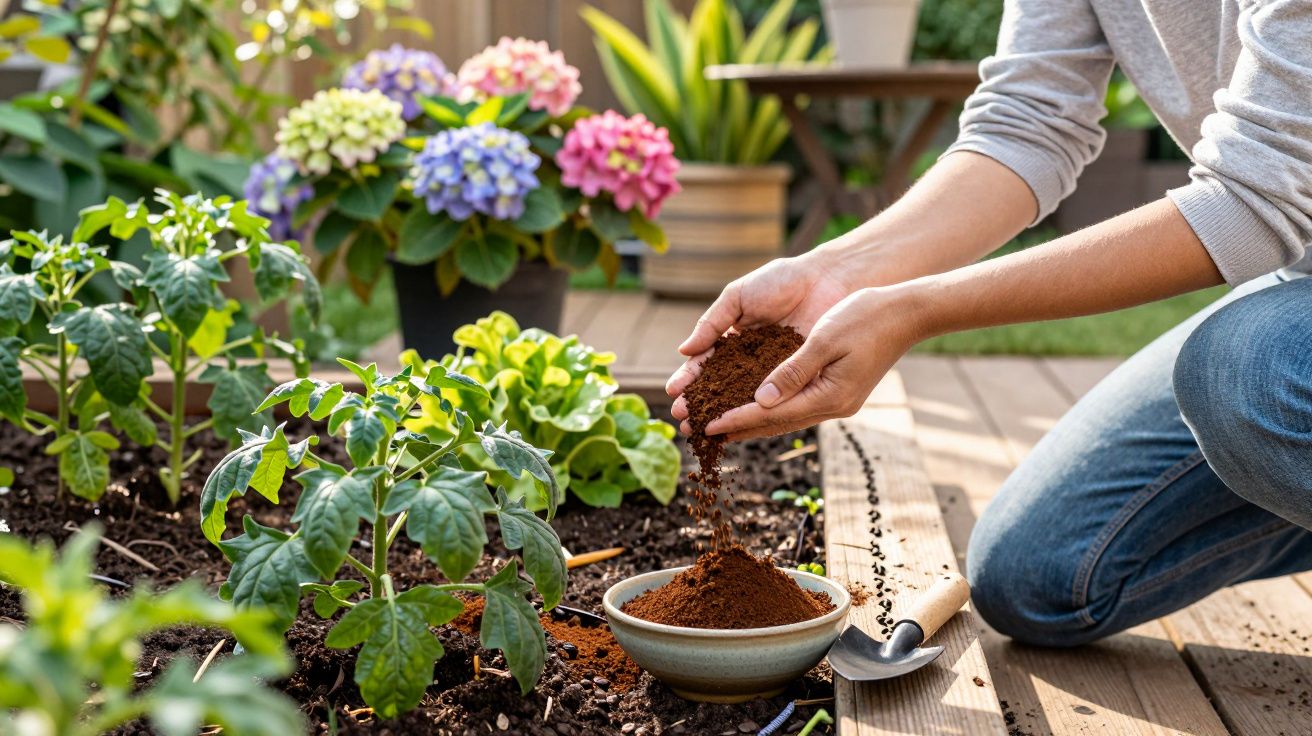 Hands sprinkling organic fertiliser on soil beside young plants in a garden with colourful flowers in the background