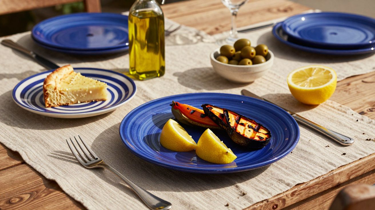 Blue plates on a wooden table with grilled vegetables, lemon wedges, a slice of quiche, a bowl of olives, and olive oil.