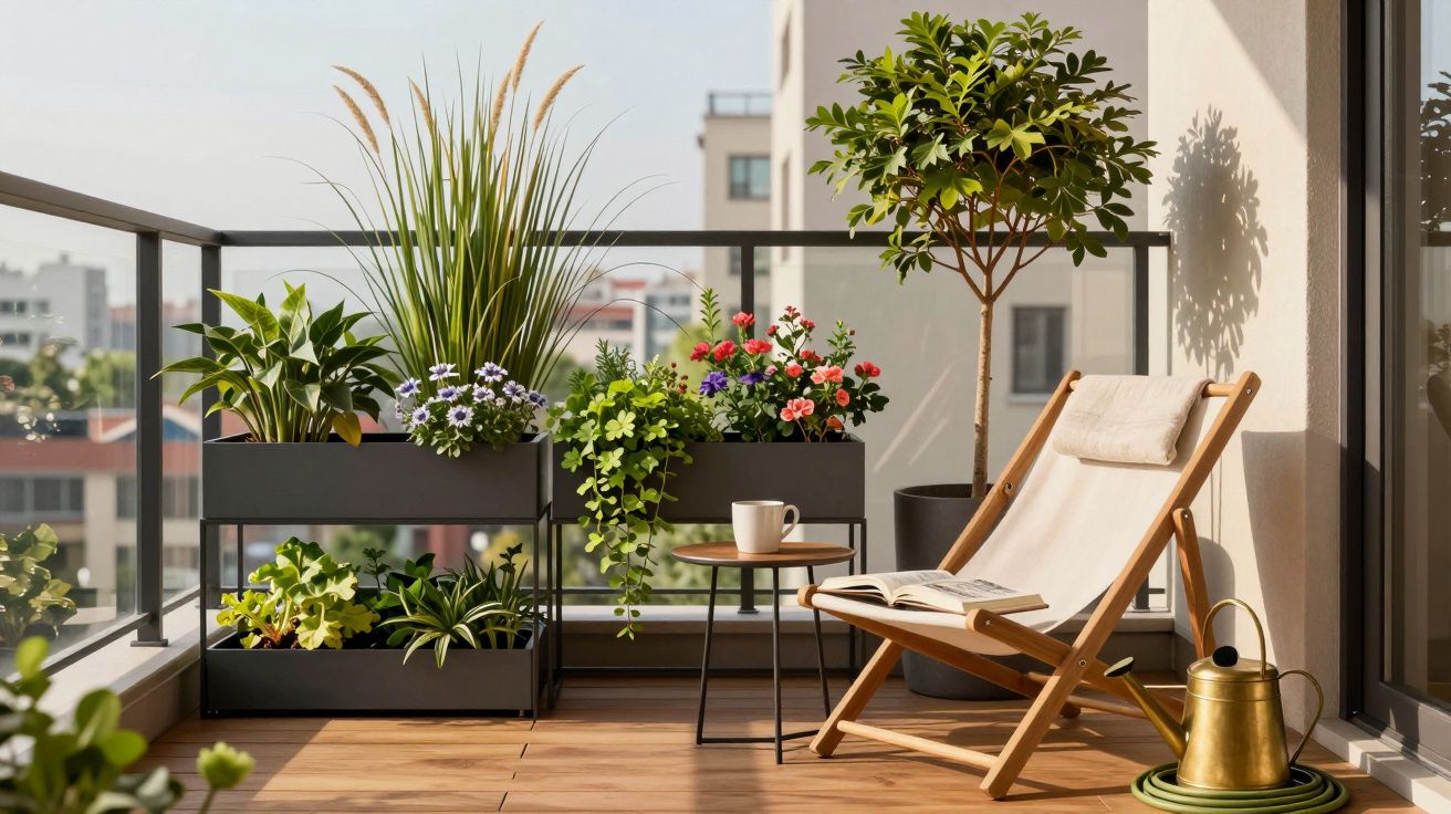 Balcony with wooden floor, potted plants, flowers, a deck chair with a book, a small table, and a watering can.