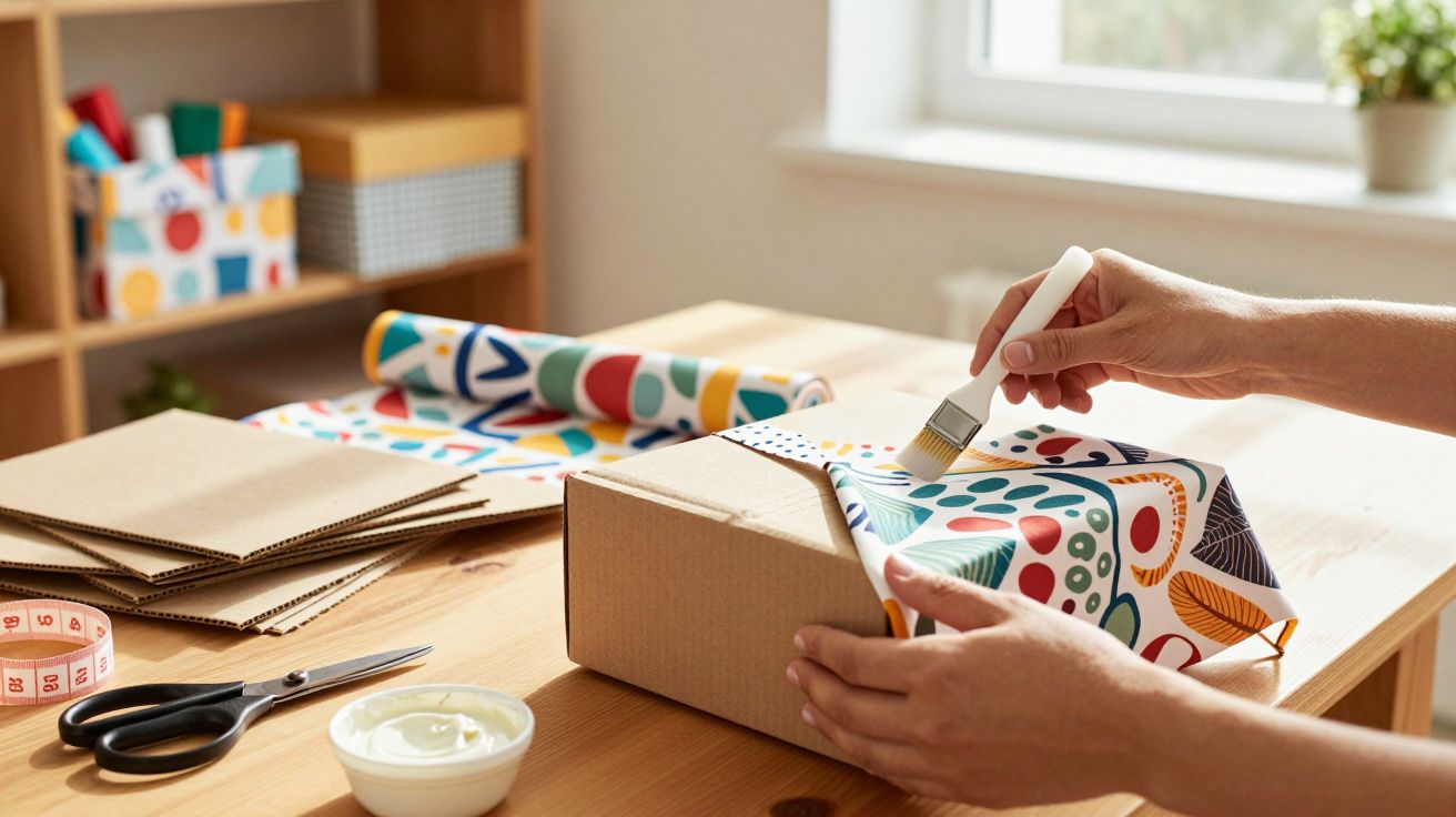 Hands wrapping a cardboard box with colourful patterned paper using a brush, scissors and tape measure on the table nearby.