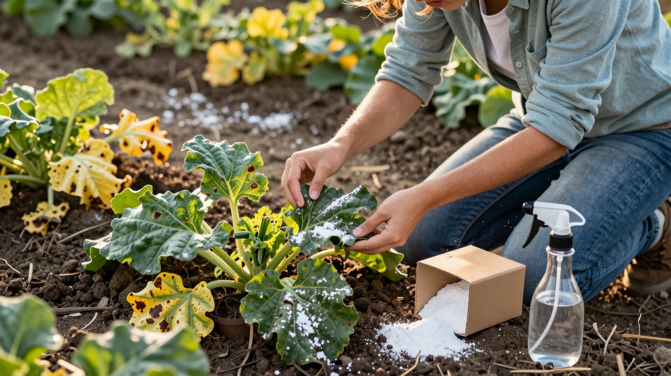 Person applying white pest control granules to green and yellow garden plants with a spray bottle nearby.