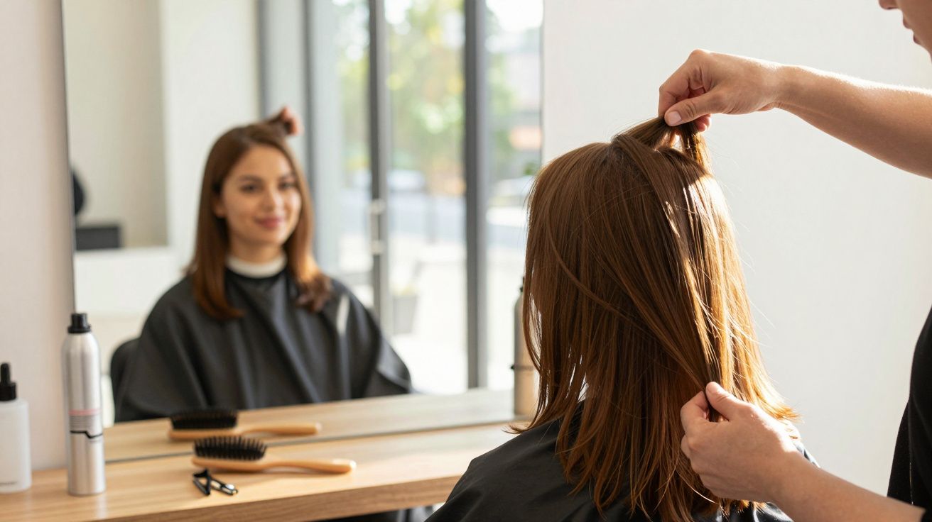 Hairdresser examining a woman's straight brown hair at a salon with styling tools on the counter.
