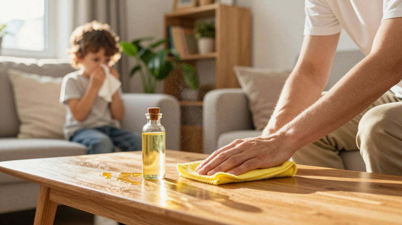 Person cleaning spilled liquid on wooden table with cloth while child blows nose in background