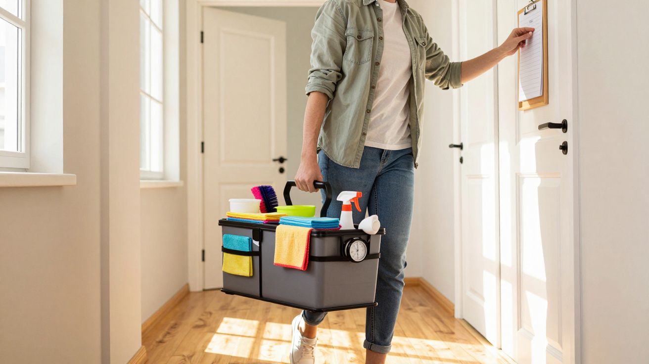 Person carrying a cleaning caddy with supplies down a bright hallway opening a door.