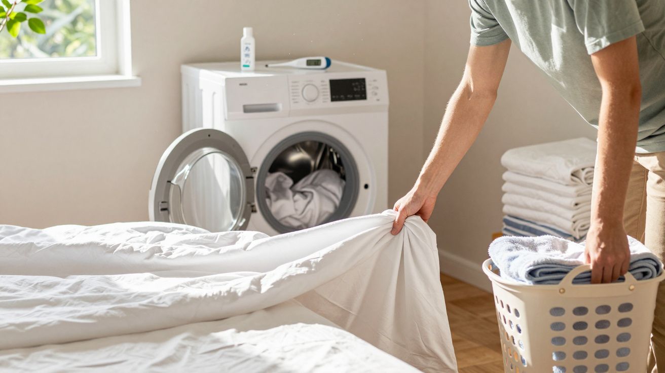 Person making a bed while holding a laundry basket, with a washing machine and folded towels in the background.
