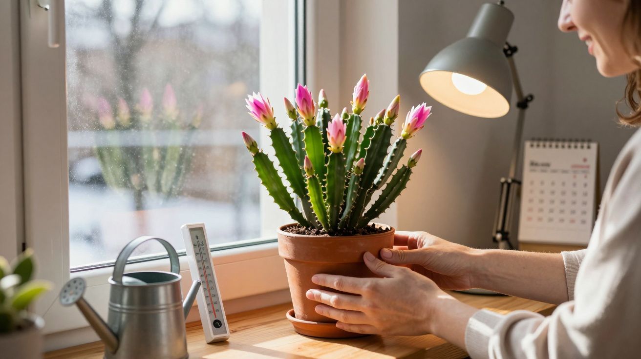 Person adjusting a flowering cactus plant in a pot on a sunlit windowsill with a watering can nearby.