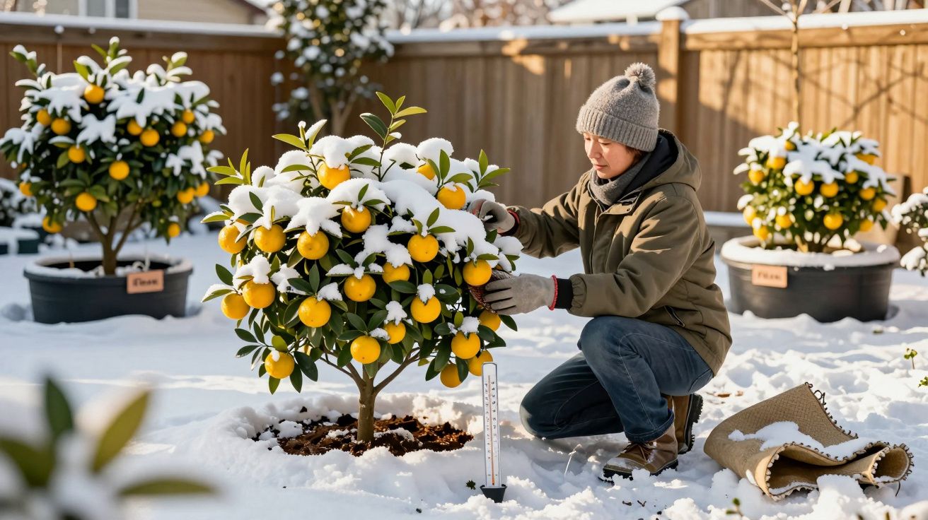 Person in winter clothing tending to small orange tree covered in snow in a snowy garden.