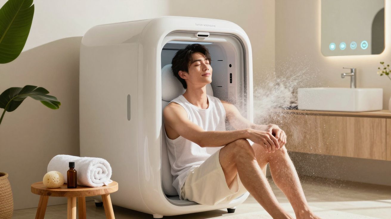 Young man sitting in a compact wellness pod spraying mist, in a bright, minimalist bathroom setting.