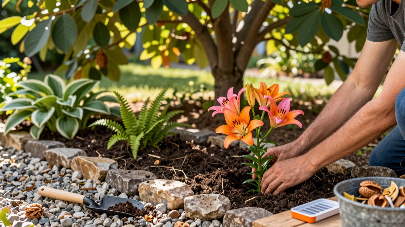 Person planting orange and pink lilies in a garden bed bordered with stones and gravel paths.