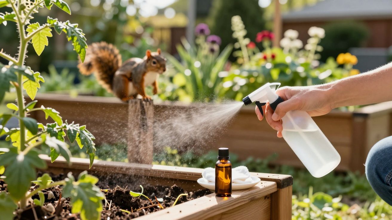 Person spraying water from a spray bottle near a raised garden bed with a squirrel perched on a wooden post.