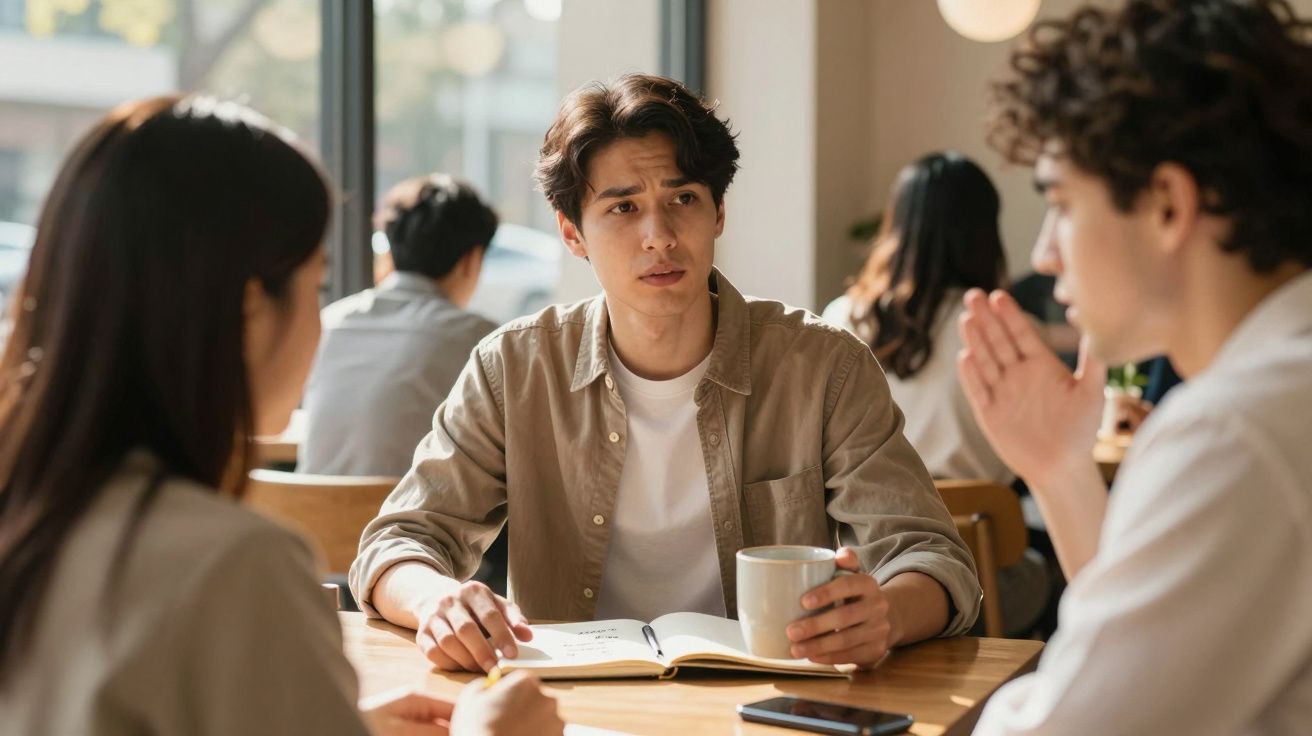 Three young adults having a serious discussion at a café table with an open notebook and coffee cup.
