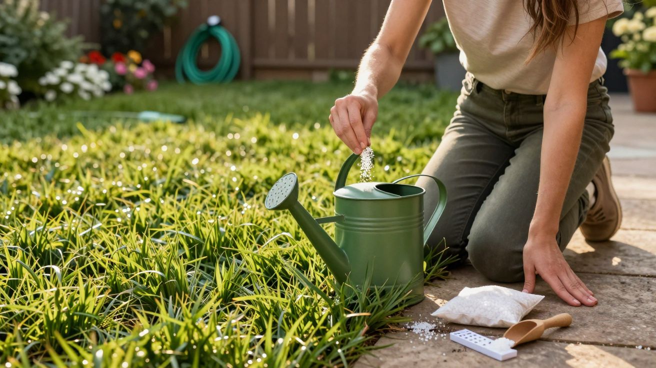 Person sprinkling fertiliser into a green watering can while kneeling on a garden path next to green grass.
