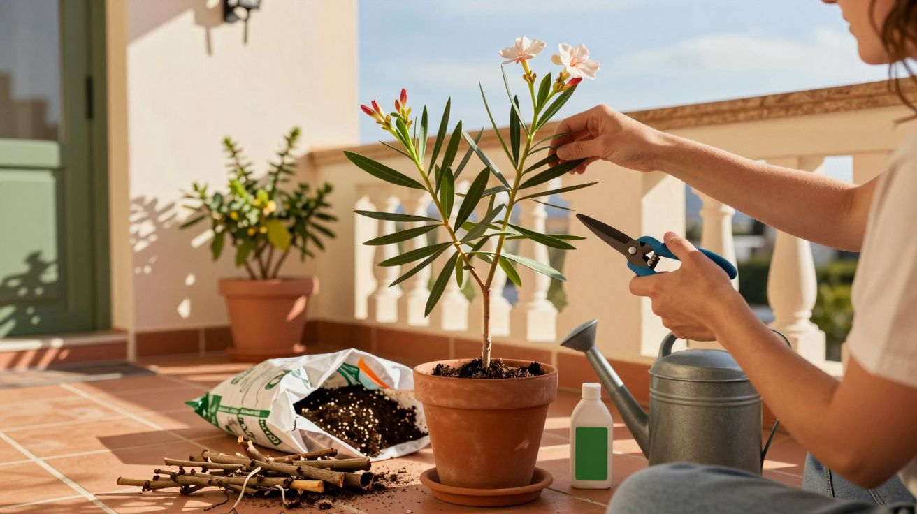 Person pruning a potted flowering plant on a sunny terrace with gardening tools and soil nearby.