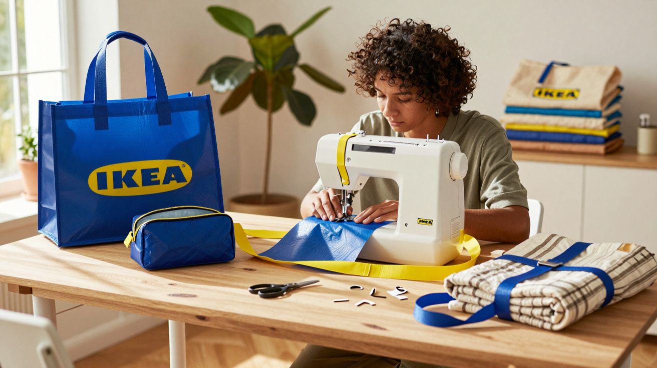 Person sewing blue fabric on a sewing machine at a wooden table with IKEA bags and sewing supplies.