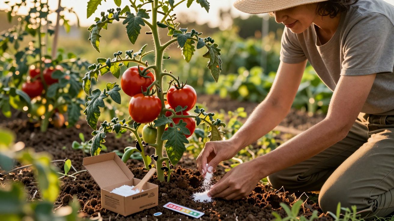 Person kneeling in a garden adding fertilizer or soil amendment near ripe tomatoes on the vine in sunlight.