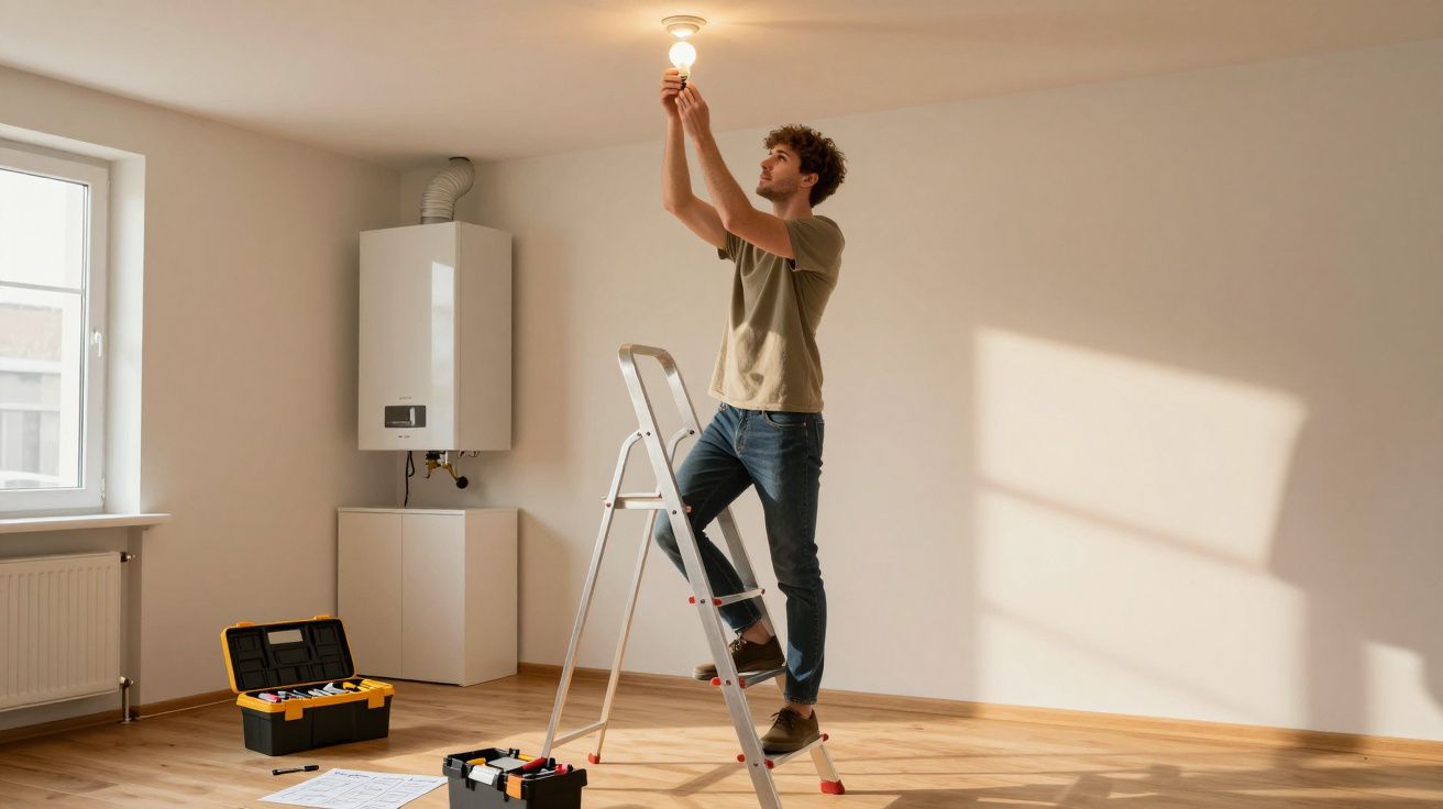 Man on a step ladder replacing a light bulb in a bright, empty room with toolboxes on the floor.