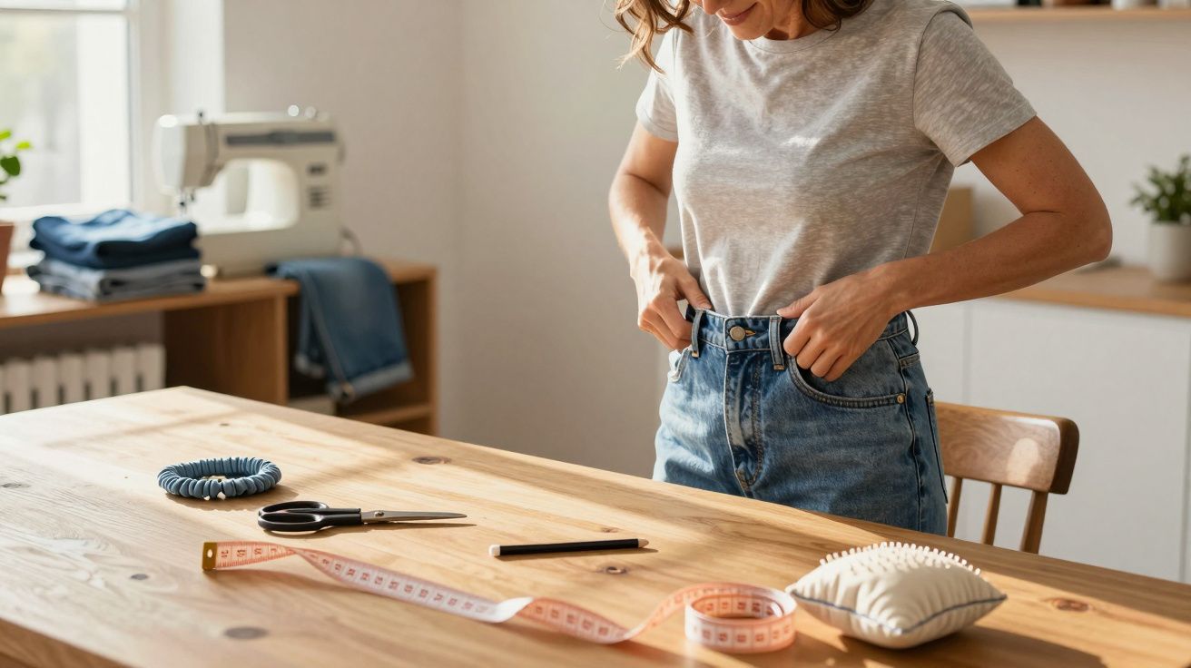 Woman fitting high-waisted jeans at wooden table with sewing tools and fabric in bright room.