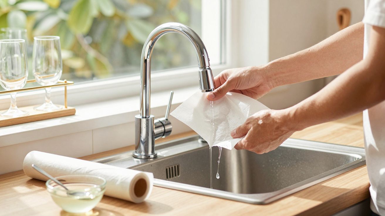 Hands rinsing a wet wipe under a modern kitchen sink faucet with natural light through the window.