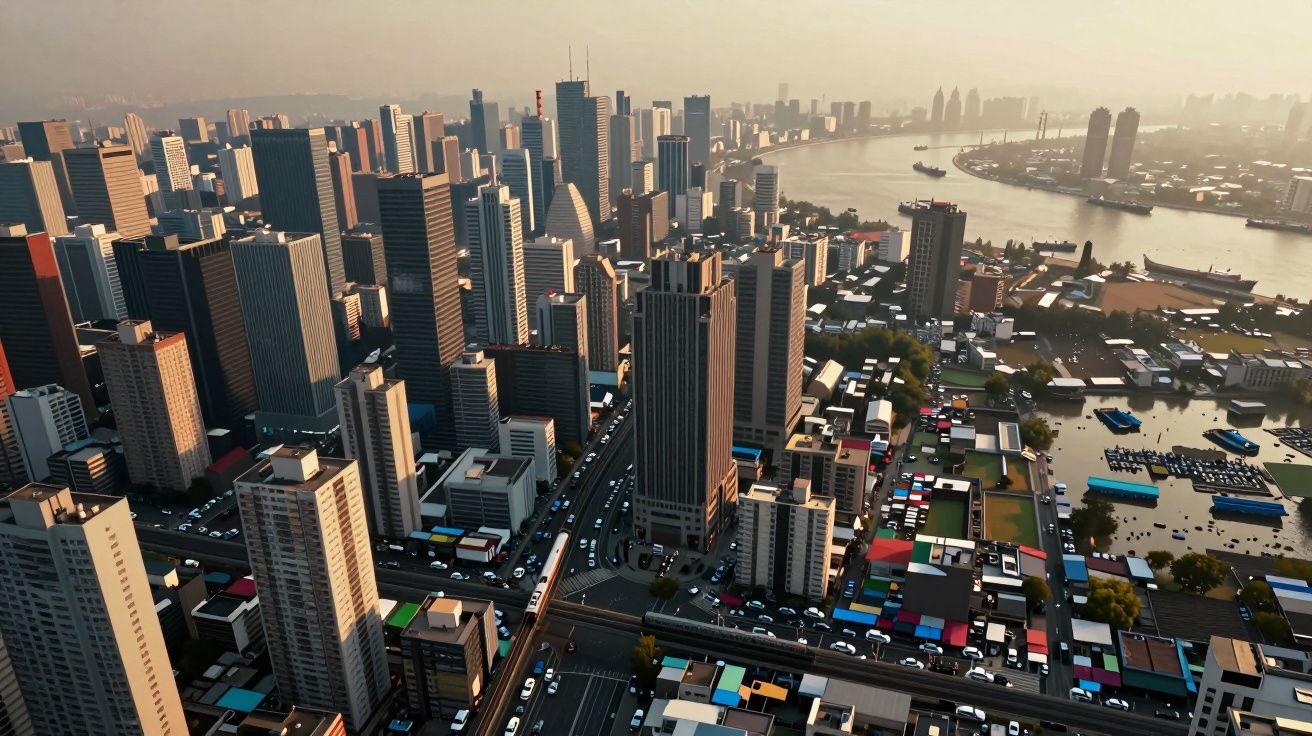 Aerial view of a city skyline with high-rise buildings, roads filled with traffic, and a river with ships in the distance.