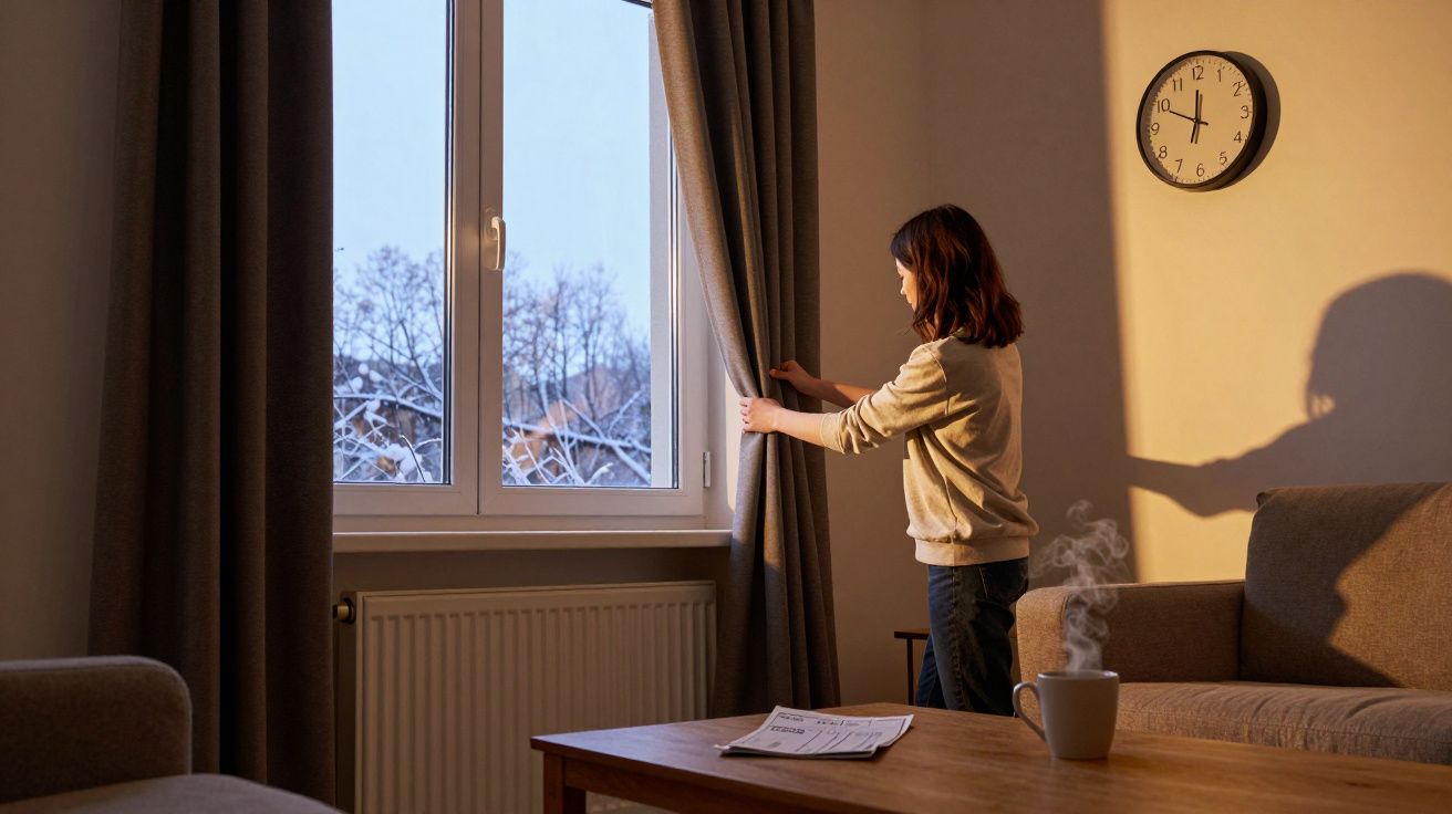 Woman opening curtains in a warmly lit living room with a steaming mug on the table and a clock showing 5:15.