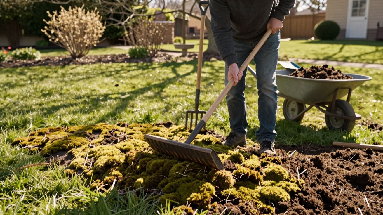 Person removing moss from soil in a garden with gardening tools and a wheelbarrow nearby on a sunny day.