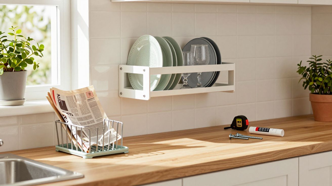Kitchen countertop with dish rack holding plates and glasses, newspaper holder, plants, and measuring tools.