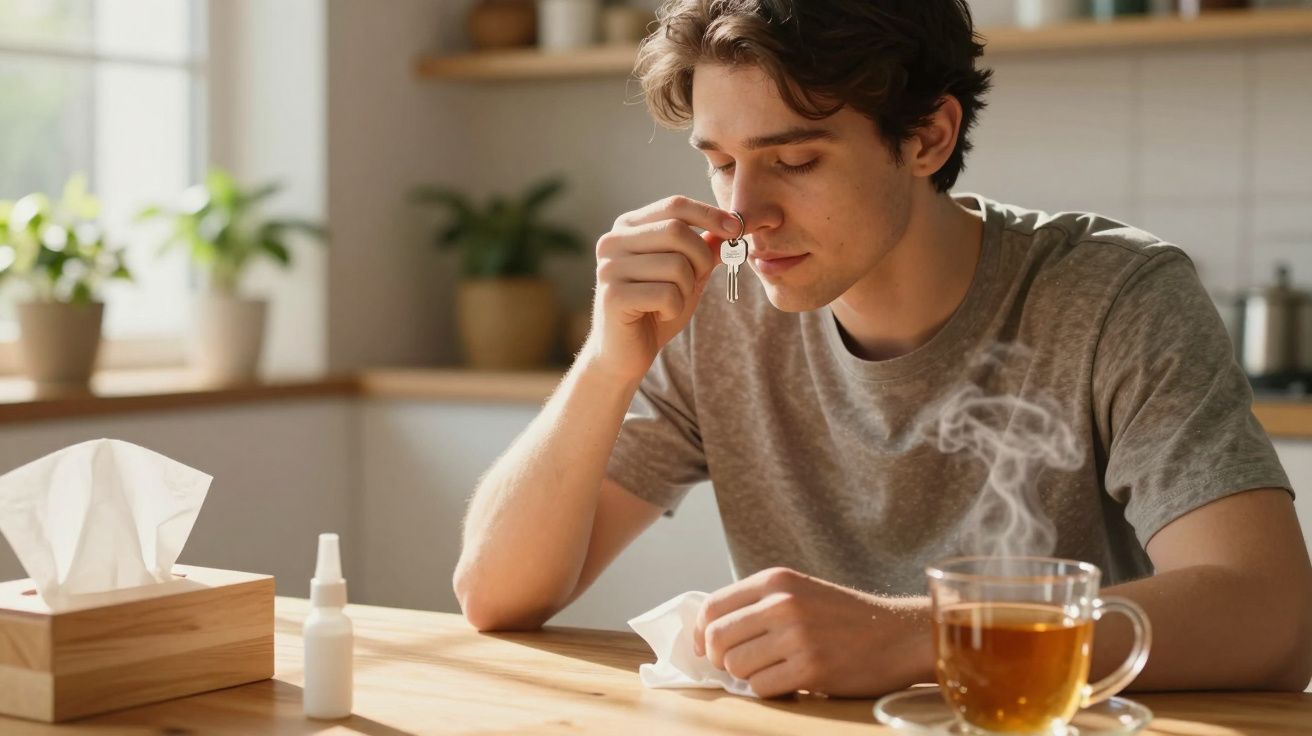 Young man smelling a key while sitting at a table with tissues, nasal spray, and a steaming cup of tea.
