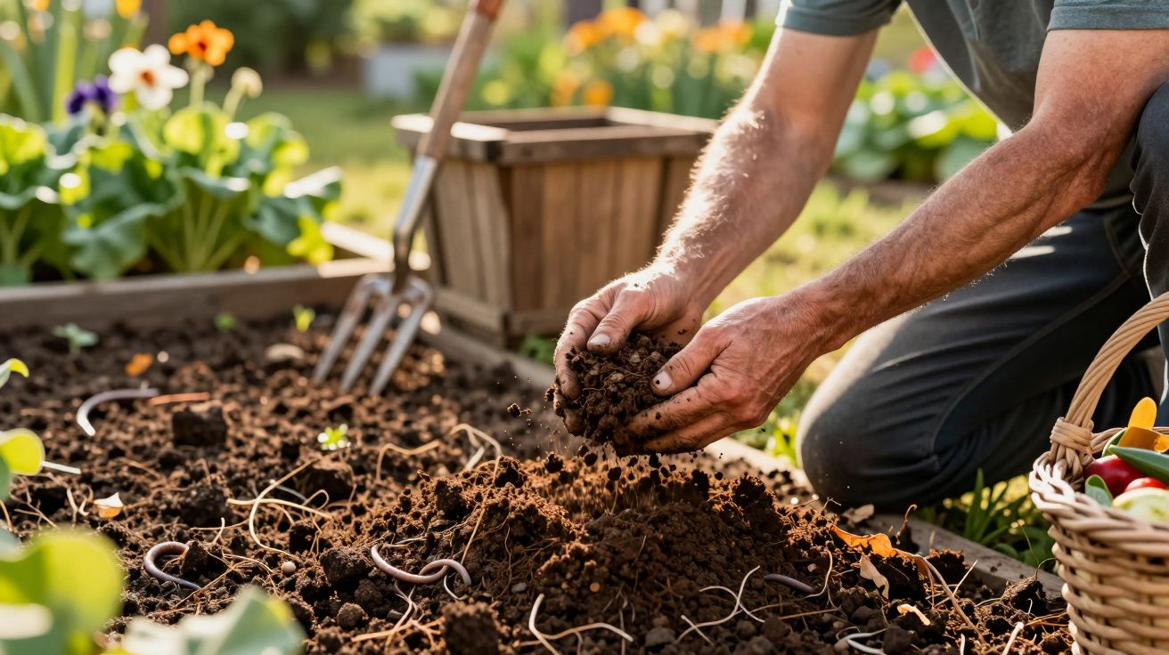 Person kneeling and handling soil in garden bed with flowers and basket of vegetables nearby.